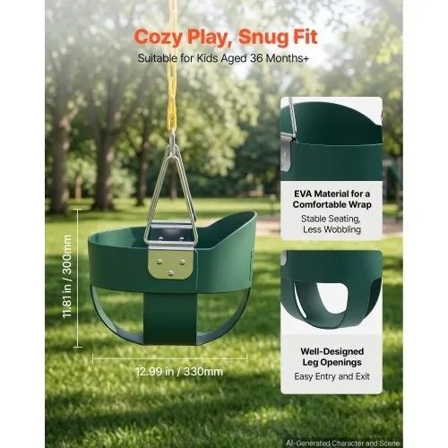 Toddler Swing 136 kg High Back Full Bucket Baby Swing Seat Green, for Outdoor & Indoor Backyard Playground, Heavy-Duty Coated Chains and Carabiners, Fully Assembled Seat for Toddlers Age 3+