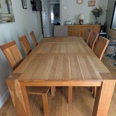 Solid Oak dining table, side board & chairs for 8