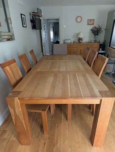Solid Oak dining table, side board & chairs for 8