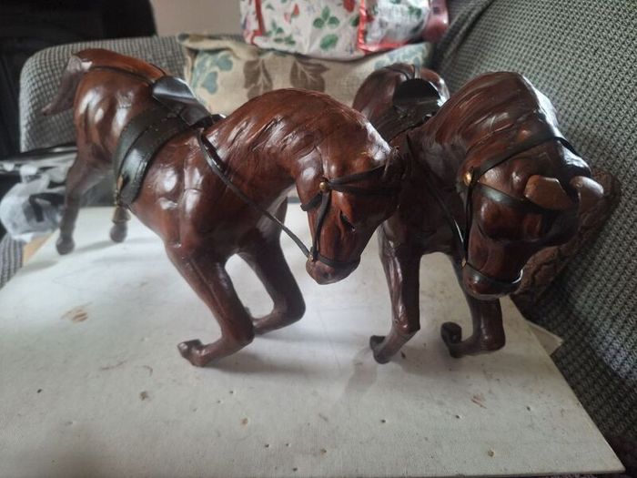 Vintage 1950s/60s Carved Wood wrapped in leather horses
