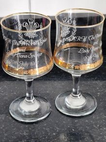 Gold Edged Charles and Diana Royal Wedding 1981 Pair Commemorative Wine Glasses