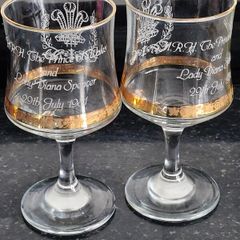 Gold Edged Charles and Diana Royal Wedding 1981 Pair Commemorative Wine Glasses