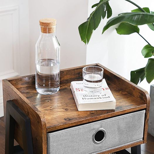 _Bedside Tables, Industrial Nightstand, End Table with Removable Fabric Drawer, Mesh Shelf, Metal Frame, for Living Room, Bedroom, Balcony, Rustic Brown