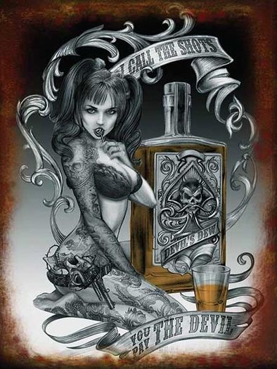 Tattoo Lady Devils Dew Shots Tin Metal Sign