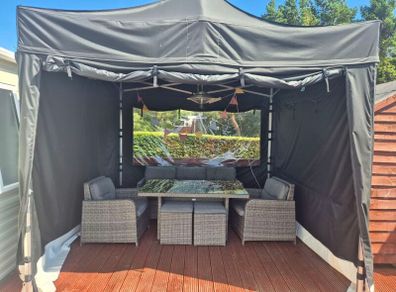 gazebo, heater and furniture