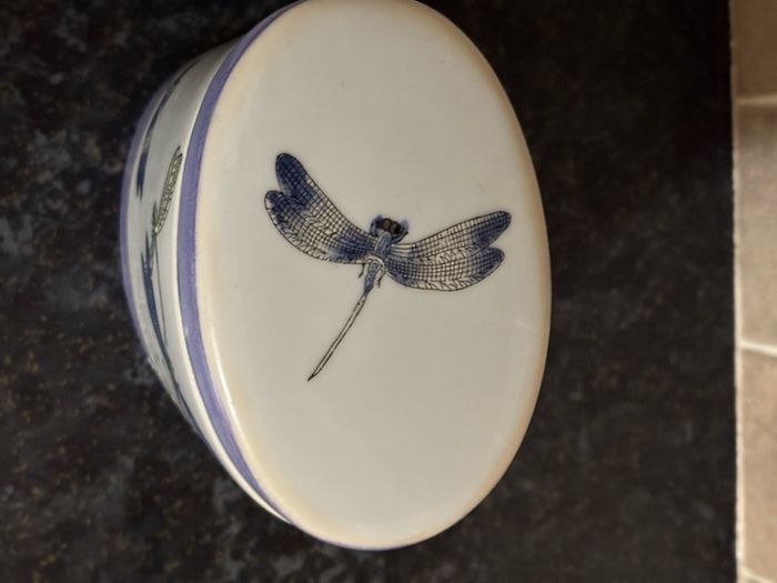 Vintage Roches Stores Handpainted Dragonfly Lidded Jar and Tray