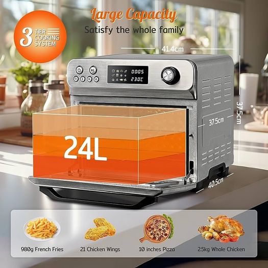 24L Air Fryer Oven With Rotisserie Large XXL Digital Knob 1800W 10 in 1 airfryer Countertop Convection Mini Oven electric and grill, Double-layered Glass Door, Full Accessory Set