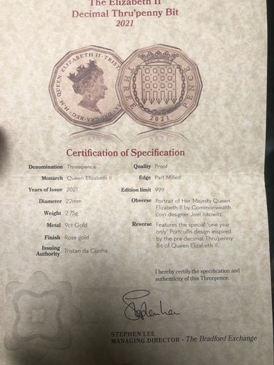 Proof 2021 9ct Rose Gold Elizabeth II Threepence With COA
