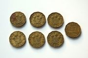 Brass old British threepence coins X 7