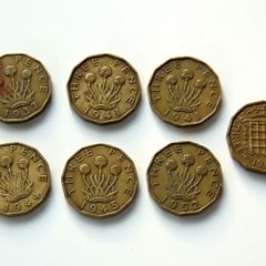 Brass old British threepence coins X 7