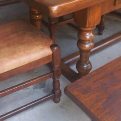 Antique solid oak circa early 19th century table plus 2 oak bench and 4 oak chairs