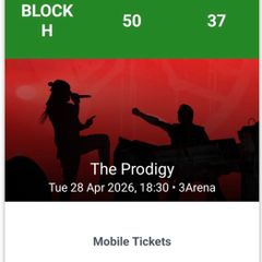 The Prodigy tickets. 3Arena Tuesday 28th April. Block H, Row 50.