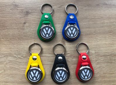 Synthetic leather Volkswagen keyring with shopping trolley token/coin