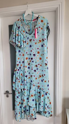 NATASHA ZINKO blue floral ruffle midi Sz 12 UK - Bnwt - Rrp 651 Sterling