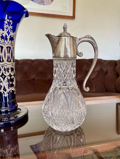 Antique Vintage Silver Plated Crystal Glass Claret Jug Pitcher
