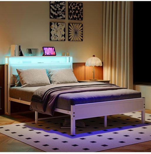 4FT6 Double Bed Frame with LED Lights and Charging Station, Heavy Duty Metal Platform Upholstered Bed frame with Storage Fabric Headboard,Metal Slats Support,Mattress Foundation (White)