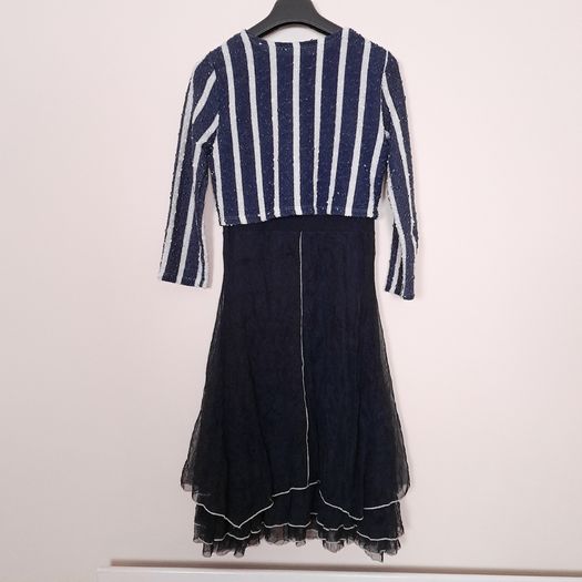 Sophie B Navy Blue White Striped Bolero Cardigan Tiered Mesh Midi Dress 12UK/40EU