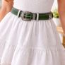 Unisex Premium Green Genuine Leather Belt Vintage Engraved Silver Buckle Image 4