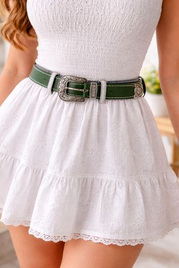 Unisex Premium Green Genuine Leather Belt Vintage Engraved Silver Buckle