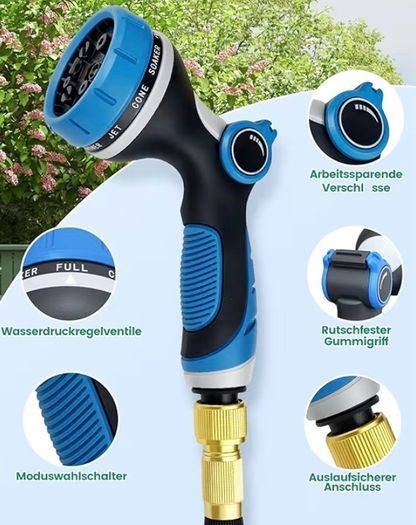 Garden Hose Pipe with 10 Function Nozzle - Upgraded 3-Layer Latex No-Kink Flexible Water Hose with 1/2" 3/4" Connectors, Expanding Water Hose for Gardening, Washing & Cleaning