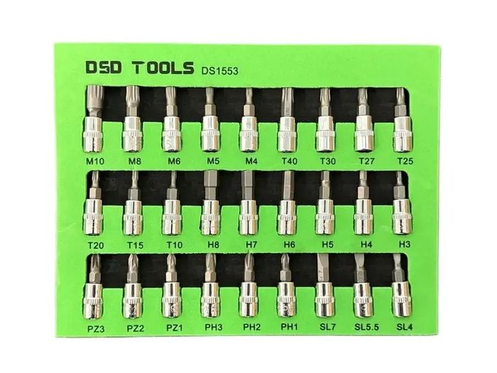 27pc 1/4-inch Dr 38mm Mixed Bit Sockets Star, Hex, Spline, Sl, Ph, Pz