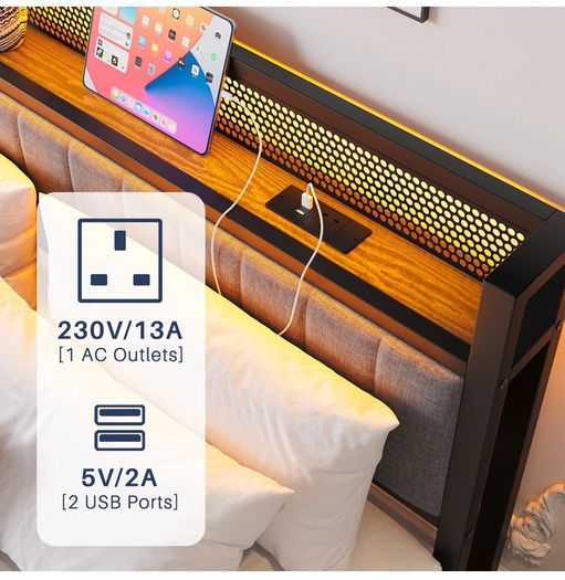 5ft Upholstered Bed Frame Kingsize with Charging Station/USB Ports and LED Lights