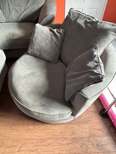 L shaped sofa + large swivel chair + foot stool