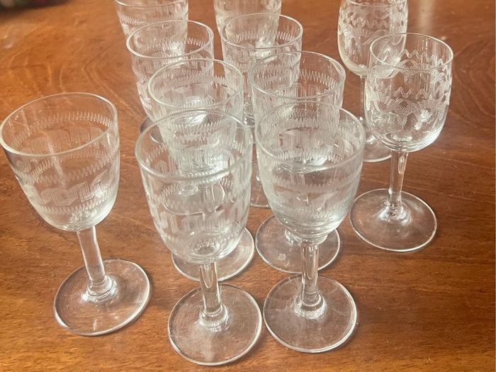 etched glass Vintage sherry glasses
