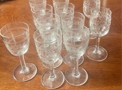 etched glass Vintage sherry glasses