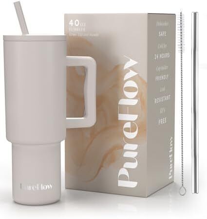 1200ml Tumbler with Straw and Lid Premium Handle | Eco-Friendly Reusable Insulated Travel Mug | Iced Coffee Cup | No Single Use Plastic Cups | Insulated Cup (Almond Birch)