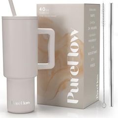 1200ml Tumbler with Straw and Lid Premium Handle | Eco-Friendly Reusable Insulated Travel Mug | Iced Coffee Cup | No Single Use Plastic Cups | Insulated Cup (Almond Birch)