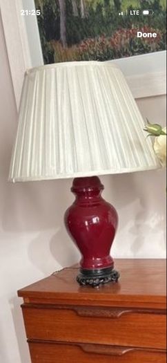 Please Check Photos- Mid Century Oxblood glazed Ginger Jar Table Lamps (2)  with off white pleated empire shade