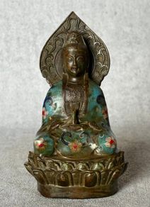 Cloisonne Guanyin Sitting On A Lotus Throne - Enameled  Bronze, Signed