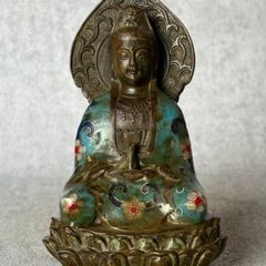 Cloisonne Guanyin Sitting On A Lotus Throne - Enameled  Bronze, Signed