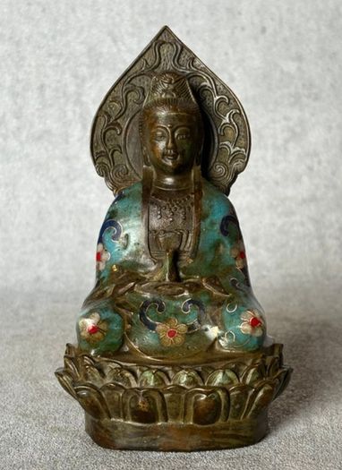 Cloisonne Guanyin Sitting On A Lotus Throne - Enameled  Bronze, Signed
