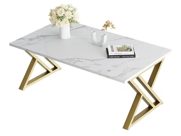Center Tea Tables, Rectangular Tea Tables, End Side Desk with Gold Metal Frame for Living Room Bedroom Office, Modern Open Design, 39.3 x 18.9 x 17.7 IN, White/Gold