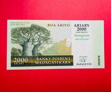 Madagascar  2,000 Ariary / 10,000francs  ( UNCIRCULATED )OVERPRINT  2007 Pick93a Commemorative Issue.