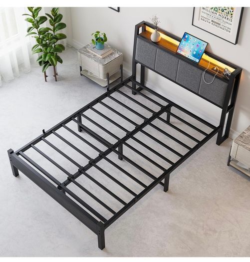 Double Bed Frame, 4FT6 Bed Frame Ergonomics Double with Charging Station and LED Lights, Heavy Duty Platform Full Bed with Fabric Storage Sloped Headboard, No Box Spring Needed, (Black)