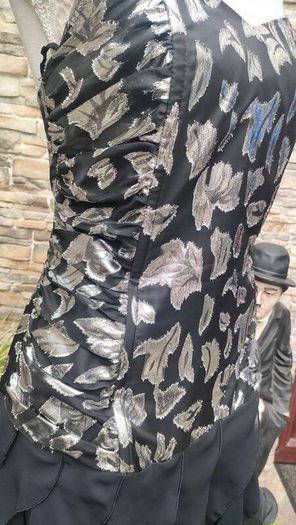 Vintage 80s strapless silver metallic and black ruffle occasion party dress
