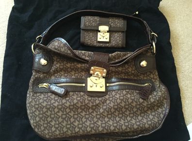 Brown DKNY leather and fabric bag and matching purse 100% genuine