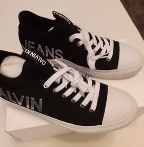 Men Calvin Klein Canvas Trainers Lace Up Black/white Shoes UK 7.5 Sneakers