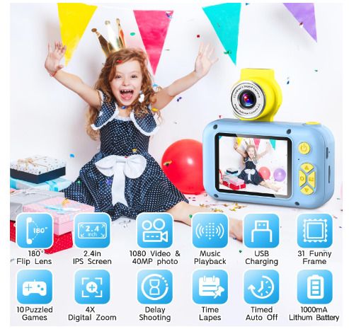 Kids Camera, 2.4in IPS Screen Digital Camera,180 Flip Len Student Camera,Children Selfie Camera