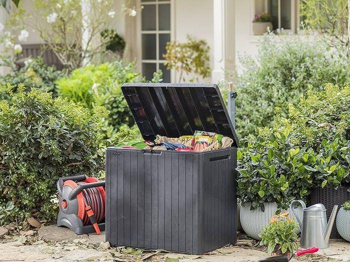 NEW SALE | Outdoor 96% recycled Small Balcony Garden Furniture Storage Box Grey Wood Panel Effect | Fade Free | All Weather Resistant | Safe and Secure | Zero Maintenance