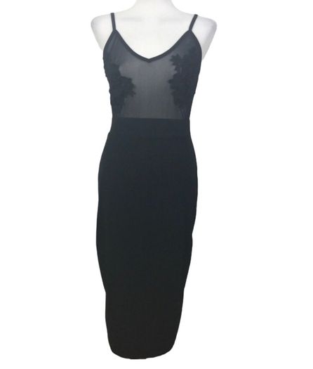 Ladies Black Sexy Strappy Pencil Dress With Embroidered Floral Chest Area Uk 8 includes postage