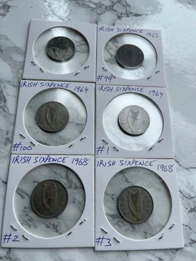 Irish sixpences x 6. 1 euro each or 5 euro for the 6. Dates below