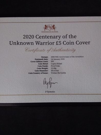 Great Britain : Centenary of The Unknown Warrior " 5 Pound " Coin Cover - 2020