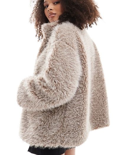 YAS fluffy short teddy jacket in beige