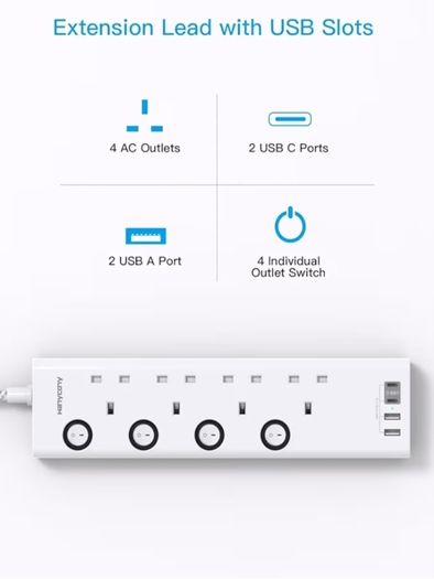 Lead with USB Slots 2 USB C HANYCONY 4 Way Plug Extension Socket with Individual Switches, 1.8M Extension Cable, Wall Mount Extension Cord, Desk Power Strip for Bedroom Office Accessories