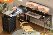 Corner Desk with Drawers, Reversible L Shaped with USB Charging Port