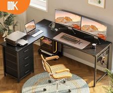 Corner Desk with Drawers, Reversible L Shaped with USB Charging Port